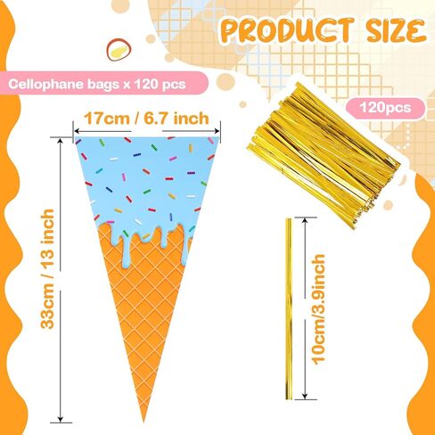 Tatuo 120 Pcs Ice Cream Cone Treat Bags Cone Shaped Clear Cellophane Treat Bags with Golden Tie for Cookies Candy Popcorn Gift Snacks Handmade Baking Christmas Birthday Party in Kuwait