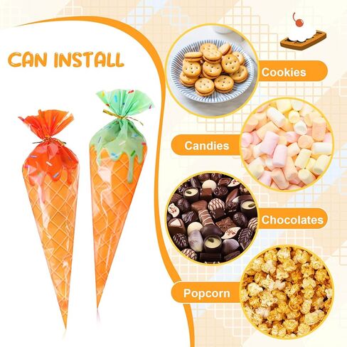 Tatuo 120 Pcs Ice Cream Cone Treat Bags Cone Shaped Clear Cellophane Treat Bags with Golden Tie for Cookies Candy Popcorn Gift Snacks Handmade Baking Christmas Birthday Party in Kuwait