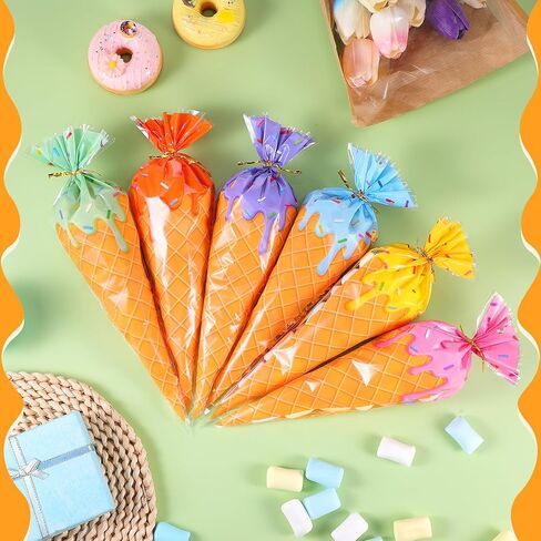 Tatuo 120 Pcs Ice Cream Cone Treat Bags Cone Shaped Clear Cellophane Treat Bags with Golden Tie for Cookies Candy Popcorn Gift Snacks Handmade Baking Christmas Birthday Party in Kuwait
