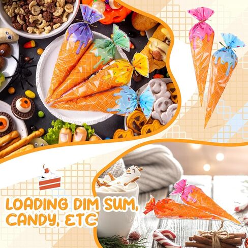 Tatuo 120 Pcs Ice Cream Cone Treat Bags Cone Shaped Clear Cellophane Treat Bags with Golden Tie for Cookies Candy Popcorn Gift Snacks Handmade Baking Christmas Birthday Party in Kuwait