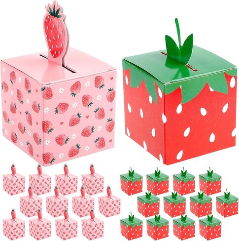 HIKIMA 24 PCS Strawberry Party Favor Cute Fruit Strawberries Gift Box Folding Paper Treat Box for Sweet One Birthday Berry Theme Party Baby Shower Decor Supplies, 3.58x2.13x2.13 inch in Saudi Arabia