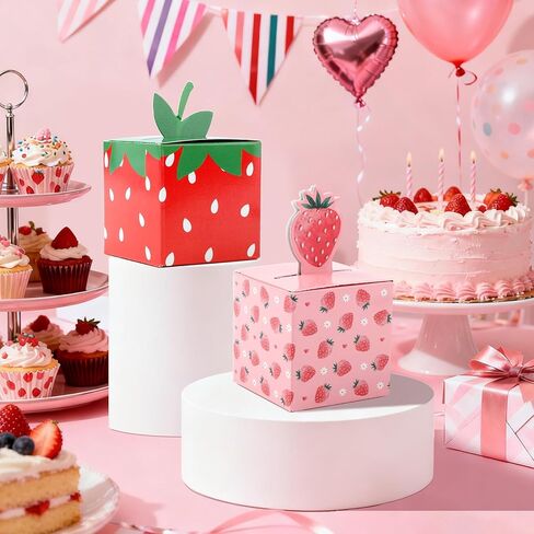 HIKIMA 24 PCS Strawberry Party Favor Cute Fruit Strawberries Gift Box Folding Paper Treat Box for Sweet One Birthday Berry Theme Party Baby Shower Decor Supplies, 3.58x2.13x2.13 inch in Saudi Arabia