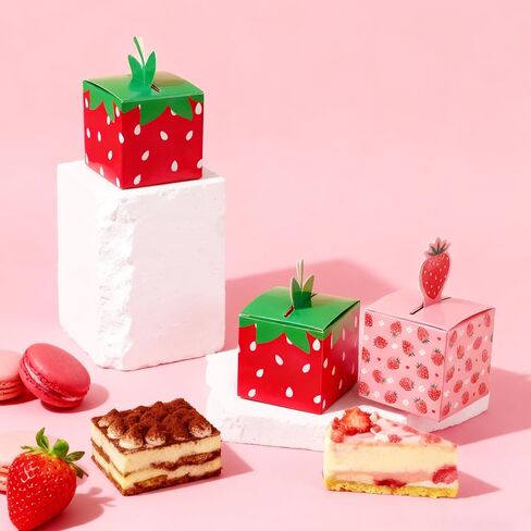 HIKIMA 24 PCS Strawberry Party Favor Cute Fruit Strawberries Gift Box Folding Paper Treat Box for Sweet One Birthday Berry Theme Party Baby Shower Decor Supplies, 3.58x2.13x2.13 inch in Saudi Arabia