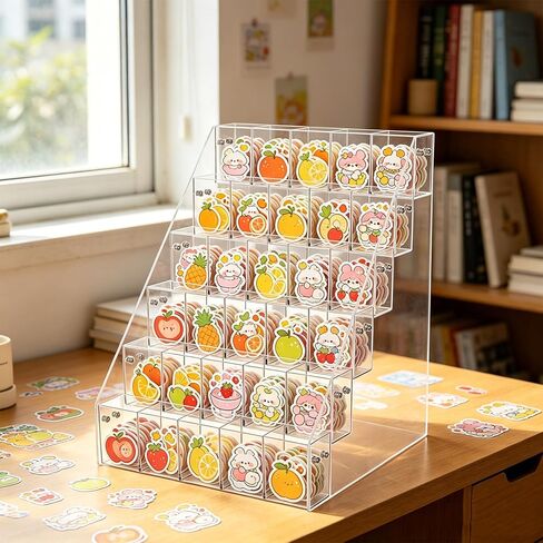 6 Tier Acrylic Sticker Display Stand for Vendors 30 Pockets Clear Acrylic Storage Organizer Display Rack Sticker Organizer Shelf for Small Business Booth and Trade Shows in Saudi Arabia