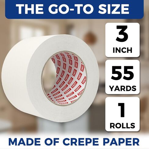 SWRT Masking Tape 3 inch x 55 Yards, 1 Roll, Wide White Painters Tape for Painting Walls & Large Surface Masking, Clean Removal, No Residue, Easy Tear, Multi-Surface in Kuwait
