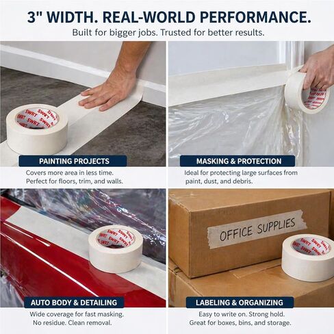 SWRT Masking Tape 3 inch x 55 Yards, 1 Roll, Wide White Painters Tape for Painting Walls & Large Surface Masking, Clean Removal, No Residue, Easy Tear, Multi-Surface in Kuwait