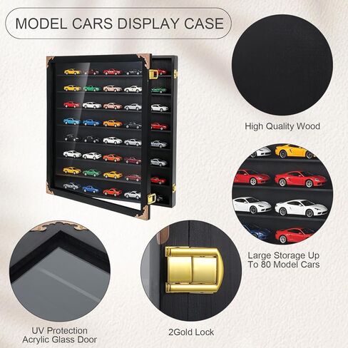 Giant Hotwheels Display Case with Wall Mounts,Display up to 40 Cars ,Model Hot Toy Cars Storage Organizer,15.7*2.75*16.7 Inches,UV Protection Acrylic Glass Door,Gold Lock,Black in Saudi Arabia