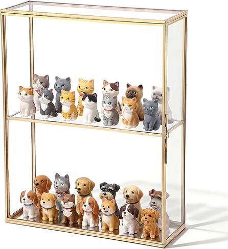 JUXYES 2 Tiers Tabletop Glass Small Figurine Display Case for Collectibles with Latch Door, Modern Clear Hobby Display Case Box with Mirror Bottom, Gold Dust Proof Case for Figurines Trinket Crystal in Kuwait