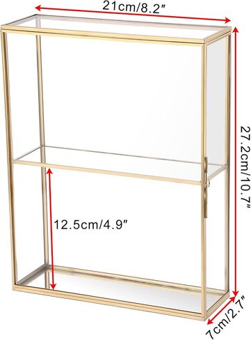 JUXYES 2 Tiers Tabletop Glass Small Figurine Display Case for Collectibles with Latch Door, Modern Clear Hobby Display Case Box with Mirror Bottom, Gold Dust Proof Case for Figurines Trinket Crystal in Kuwait