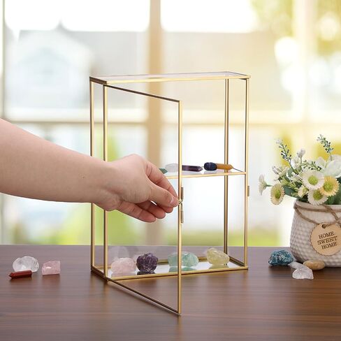JUXYES 2 Tiers Tabletop Glass Small Figurine Display Case for Collectibles with Latch Door, Modern Clear Hobby Display Case Box with Mirror Bottom, Gold Dust Proof Case for Figurines Trinket Crystal in Kuwait
