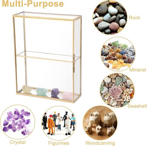 JUXYES 2 Tiers Tabletop Glass Small Figurine Display Case for Collectibles with Latch Door, Modern Clear Hobby Display Case Box with Mirror Bottom, Gold Dust Proof Case for Figurines Trinket Crystal in Kuwait