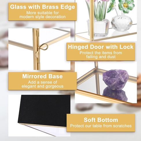 JUXYES 2 Tiers Tabletop Glass Small Figurine Display Case for Collectibles with Latch Door, Modern Clear Hobby Display Case Box with Mirror Bottom, Gold Dust Proof Case for Figurines Trinket Crystal in Kuwait