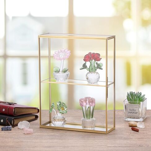JUXYES 2 Tiers Tabletop Glass Small Figurine Display Case for Collectibles with Latch Door, Modern Clear Hobby Display Case Box with Mirror Bottom, Gold Dust Proof Case for Figurines Trinket Crystal in Kuwait