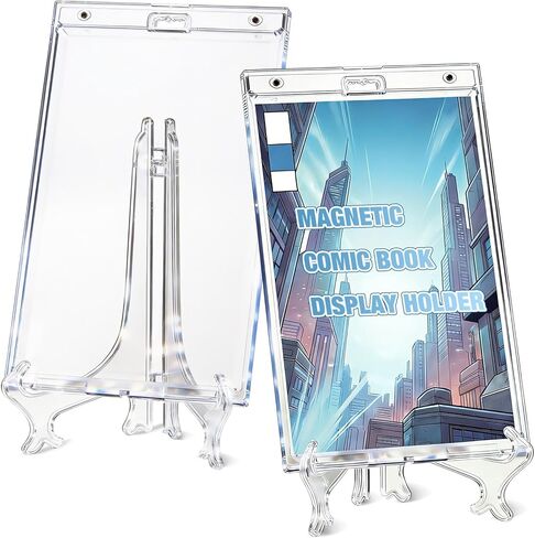 Novabright 2 Pack 12.24 x 7.52 Inch Magnetic Comic Book Clear Display Case, with 2 Vertical Foldable Stands, Comic Book Hard Protector Holders Shell UV Protection Board Wall Mounted, 2 Display Modes in Kuwait