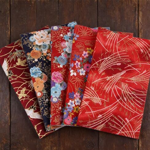 5 Pieces Red Japanese Washi Cotton Fabric Bundle, Gold Foil Print Quilting Squares, 7.87x9.84 Inches, for DIY Patchwork, Home Decor, Holiday Crafts in Kuwait