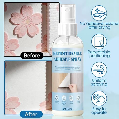 Repositionable Adhesive Spray, Temporary Adhesive Spray Easy to Stick Leaves No Residue After Drying for DIY Creations for Handicrafts Wood Paper Glass Photographs, 150ml in Saudi Arabia