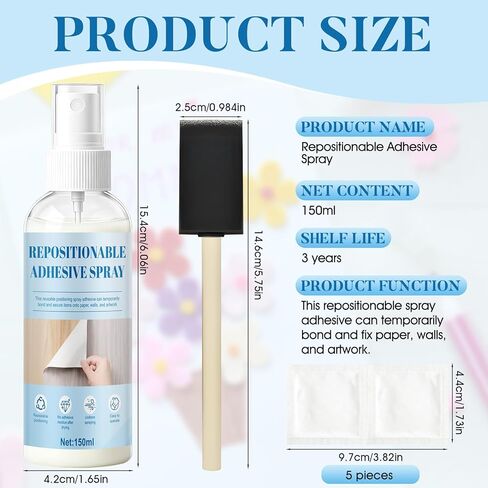 Repositionable Adhesive Spray, Temporary Adhesive Spray Easy to Stick Leaves No Residue After Drying for DIY Creations for Handicrafts Wood Paper Glass Photographs, 150ml in Saudi Arabia