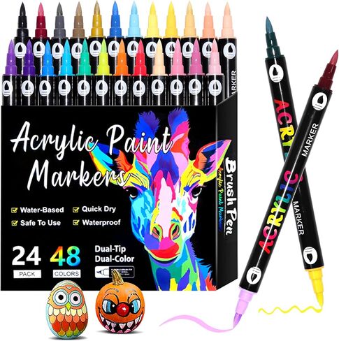 Acrylic Paint Markers, 24 Dual Tip Dual Color Paint Pens with 48 Colors, Quick Dry Acrylic Markers for Rock Painting, Wood, Canvas, Glass & DIY Crafts in Saudi Arabia