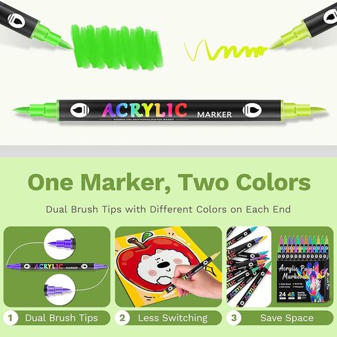 Acrylic Paint Markers, 24 Dual Tip Dual Color Paint Pens with 48 Colors, Quick Dry Acrylic Markers for Rock Painting, Wood, Canvas, Glass & DIY Crafts in Saudi Arabia