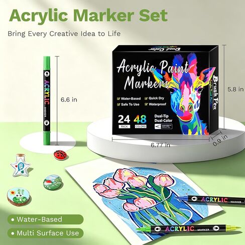 Acrylic Paint Markers, 24 Dual Tip Dual Color Paint Pens with 48 Colors, Quick Dry Acrylic Markers for Rock Painting, Wood, Canvas, Glass & DIY Crafts in Saudi Arabia