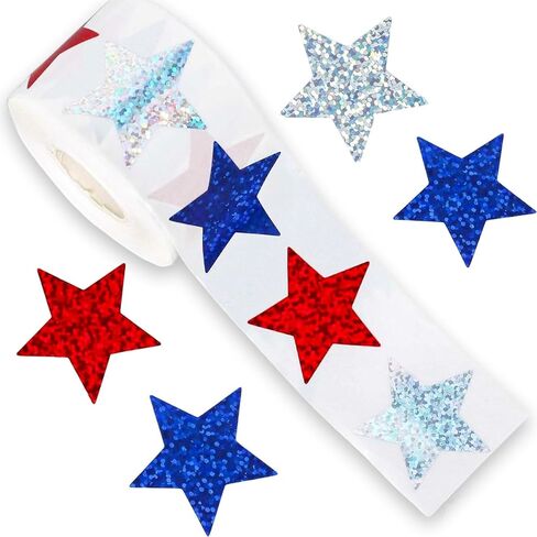 500Pcs 4th of July Stickers Roll - Laser Star Shape Self-Adhesive Sealing USA Stickers, Red White Blue Patriotic Waterproof Decals for Fourth of July Summer Party Envelope Scrapbook Decor in Saudi Arabia