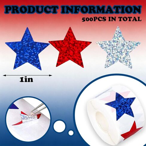 500Pcs 4th of July Stickers Roll - Laser Star Shape Self-Adhesive Sealing USA Stickers, Red White Blue Patriotic Waterproof Decals for Fourth of July Summer Party Envelope Scrapbook Decor in Saudi Arabia