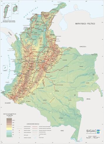 Laminated 24x32 Poster: Colombia Physical Map - Full SizeF in Kuwait