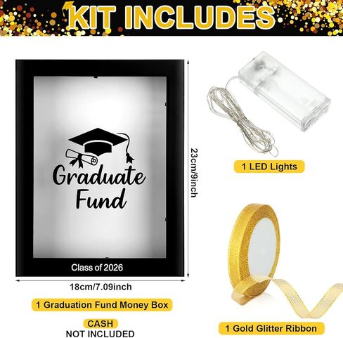 Vicenpal Graduate Fund Cash Holder 2026 Graduation Gifts Class of 2026 Money Gift Box Kit Centerpiece with LED Lights and Gold Glitter Ribbon for College High School Congrats Grad Party Supplies in Kuwait