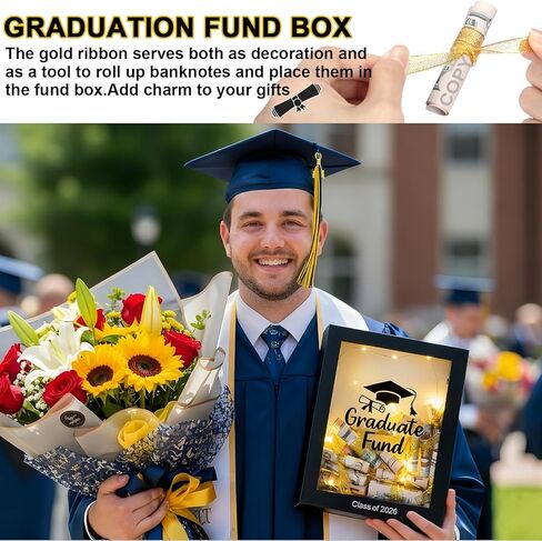 Vicenpal Graduate Fund Cash Holder 2026 Graduation Gifts Class of 2026 Money Gift Box Kit Centerpiece with LED Lights and Gold Glitter Ribbon for College High School Congrats Grad Party Supplies in Kuwait