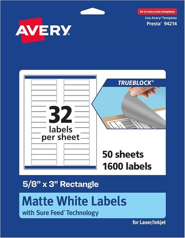 Avery TrueBlock Matte White Rectangle Labels, Sure Feed Technology, 5/8" x 3", 320 Matte White Labels, Laser/Inkjet Printable, Great for Packaging and Product Merchandising in Kuwait