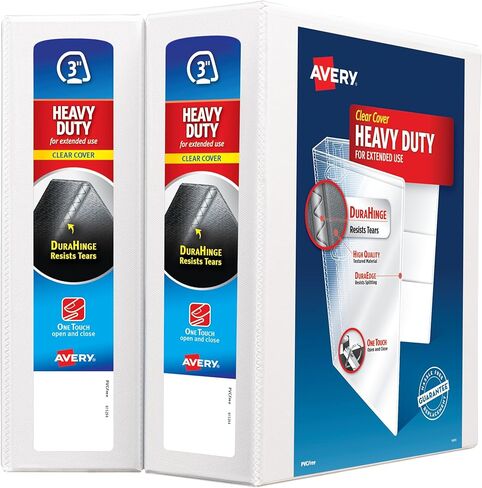 Avery Heavy-Duty View 3 Ring Binder, 3" One Touch Slant Rings, Holds 8.5" x 11" Paper, 2 White Binders (79791) in Kuwait