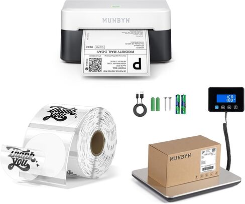 MUNBYN RW403B طابعة ملصقات حرارية بلوتوث + 2 بوصة دائرة شفافة ذاتية اللصق مقاومة للماء ملصق حراري + IPS03 440 رطل للمقياس البريدي in Kuwait