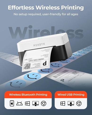 MUNBYN RW403B طابعة ملصقات حرارية بلوتوث + 2 بوصة دائرة شفافة ذاتية اللصق مقاومة للماء ملصق حراري + IPS03 440 رطل للمقياس البريدي in Kuwait