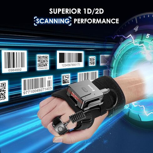 Eyoyo قفاز يمكن ارتداؤه ماسح الباركود: 1D 2D إصبع حلقي لاسلكي بلوتوث QR Code Scanner، اليد اليسرى واليمنى يمكن ارتداؤها، قارئ رمز شريطي صغير متوافق مع iPhone iPad Tablet Android in Kuwait