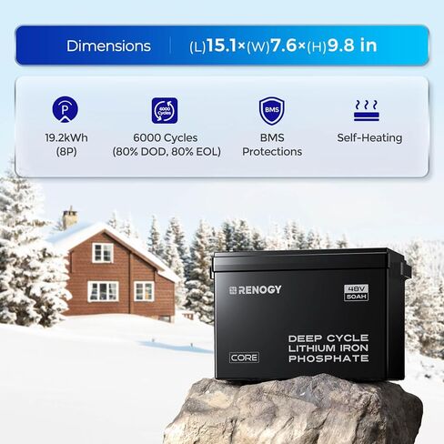 بطارية ليثيوم RENOGY REGO 48V 50Ah بطارية LiFePO4 ذاتية التسخين | نظام إدارة المباني المدمج، IP65، 6000 دورة | الحجم 15.1 × 7.6 × 9.8 بوصة، 51.4 رطلًا، طاقة دورة عميقة قابلة للتوسيع للمركبات الترفيهية والبحرية وخارج الشبكة in Kuwait