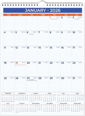 2026 Wall Calendar, Jan–Dec, Large 11" x 17" Hanging Planner, Twin‑Wire Bound, Big Daily Blocks, Holidays, Julian Dates, Sturdy Hanging Hook in Saudi Arabia