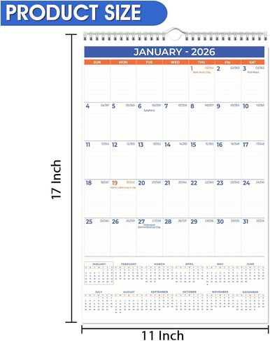 2026 Wall Calendar, Jan–Dec, Large 11" x 17" Hanging Planner, Twin‑Wire Bound, Big Daily Blocks, Holidays, Julian Dates, Sturdy Hanging Hook in Saudi Arabia