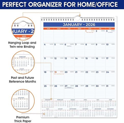 2026 Wall Calendar, Jan–Dec, Large 11" x 17" Hanging Planner, Twin‑Wire Bound, Big Daily Blocks, Holidays, Julian Dates, Sturdy Hanging Hook in Saudi Arabia