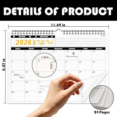 Wall Calendar 2026-2027 - Runs from June 2026 to May 2027 - 11.8" x 8.6" Custom Monthly 2026 Calendar&monthly planner, Wall Calender with DIY Stamps, 24 Sheets, Gold Ink Pad & Bag for Home Office Organizing in Kuwait