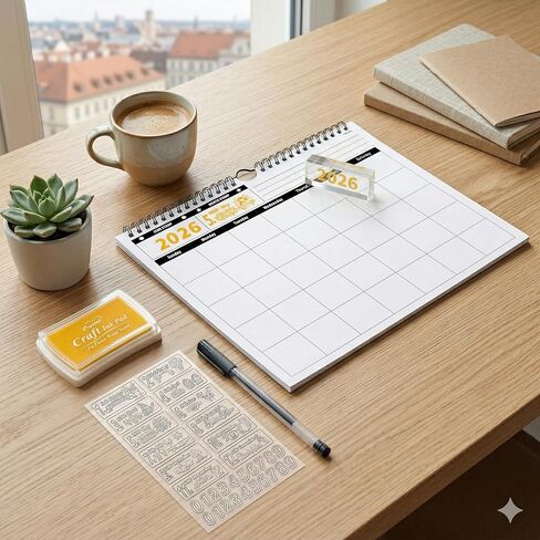 Wall Calendar 2026-2027 - Runs from June 2026 to May 2027 - 11.8" x 8.6" Custom Monthly 2026 Calendar&monthly planner, Wall Calender with DIY Stamps, 24 Sheets, Gold Ink Pad & Bag for Home Office Organizing in Kuwait