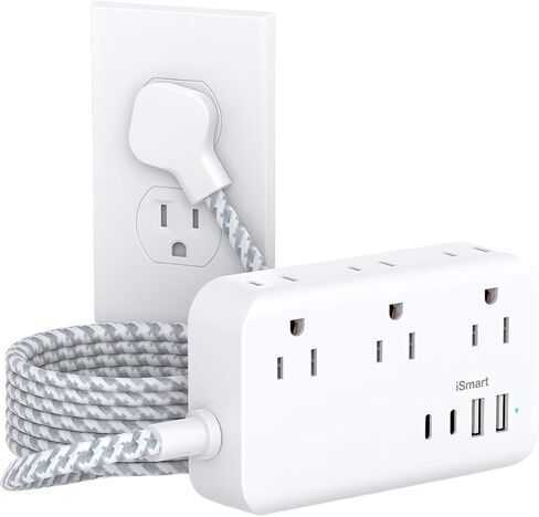 Power Strip Extension Cord - 6 Outlets and 4 USB (2 USB C), Braided Cord with Ultra Thin Flat Plug, Wall Mount, Overload Protection, Travel, Cruise Ship, Dorm Room Essentials (10FT, White) in Saudi Arabia