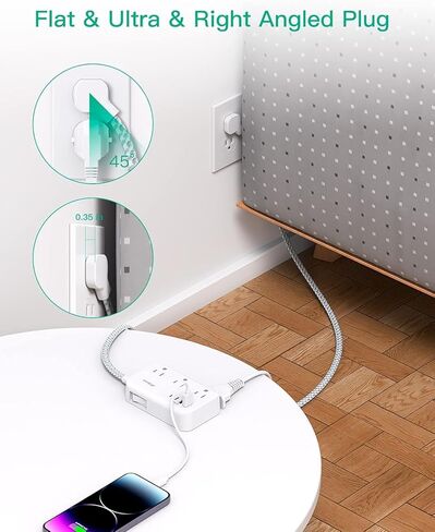 Power Strip Extension Cord - 6 Outlets and 4 USB (2 USB C), Braided Cord with Ultra Thin Flat Plug, Wall Mount, Overload Protection, Travel, Cruise Ship, Dorm Room Essentials (10FT, White) in Saudi Arabia