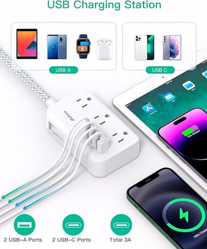 Power Strip Extension Cord - 6 Outlets and 4 USB (2 USB C), Braided Cord with Ultra Thin Flat Plug, Wall Mount, Overload Protection, Travel, Cruise Ship, Dorm Room Essentials (10FT, White) in Saudi Arabia