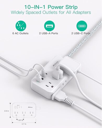 Power Strip Extension Cord - 6 Outlets and 4 USB (2 USB C), Braided Cord with Ultra Thin Flat Plug, Wall Mount, Overload Protection, Travel, Cruise Ship, Dorm Room Essentials (10FT, White) in Saudi Arabia