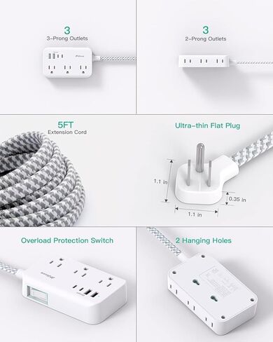 Power Strip Extension Cord - 6 Outlets and 4 USB (2 USB C), Braided Cord with Ultra Thin Flat Plug, Wall Mount, Overload Protection, Travel, Cruise Ship, Dorm Room Essentials (10FT, White) in Saudi Arabia