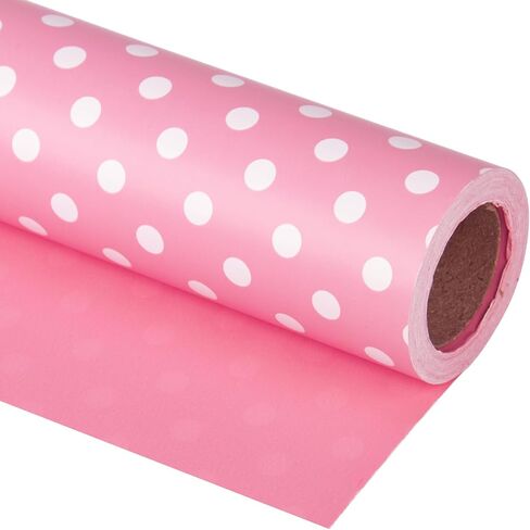 WRAPAHOLIC Reversible Wrapping Paper - Mini Roll - 17 Inch X 33 Feet - Pink and Polka Dot Design for Birthday, Holiday, Wedding, Baby Shower in Kuwait