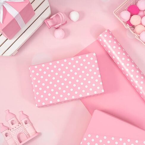 WRAPAHOLIC Reversible Wrapping Paper - Mini Roll - 17 Inch X 33 Feet - Pink and Polka Dot Design for Birthday, Holiday, Wedding, Baby Shower in Kuwait