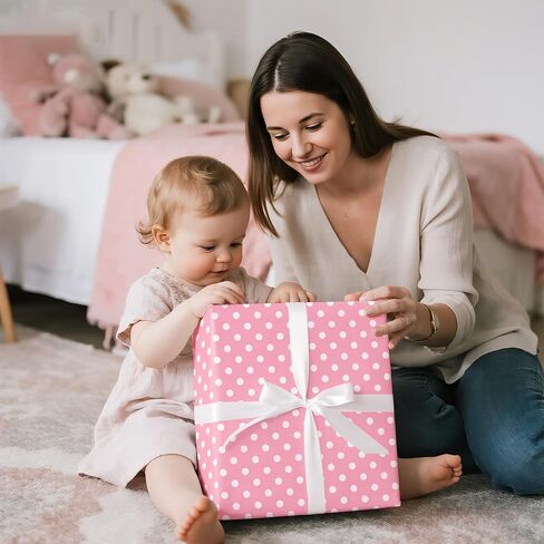 WRAPAHOLIC Reversible Wrapping Paper - Mini Roll - 17 Inch X 33 Feet - Pink and Polka Dot Design for Birthday, Holiday, Wedding, Baby Shower in Kuwait