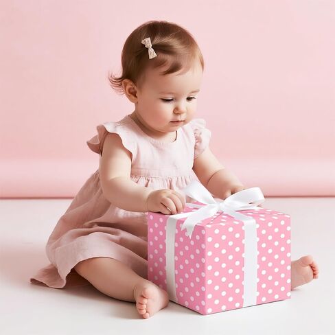 WRAPAHOLIC Reversible Wrapping Paper - Mini Roll - 17 Inch X 33 Feet - Pink and Polka Dot Design for Birthday, Holiday, Wedding, Baby Shower in Kuwait