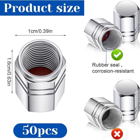 50 Pcs Tire Valve Stem Caps - Universal Fit Hexagon Aluminum Alloy Tire Valve Caps - Heavy-Duty Leak Proof Stem Covers for Car, Truck, SUV, Bicycle, Motorcycle in Kuwait